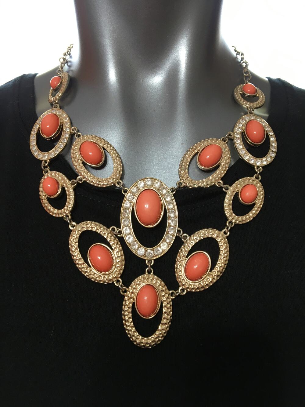 Etc Necklace Cleopatra Style Apricot Cabochons Stamped Gold Tone & Rhinestone